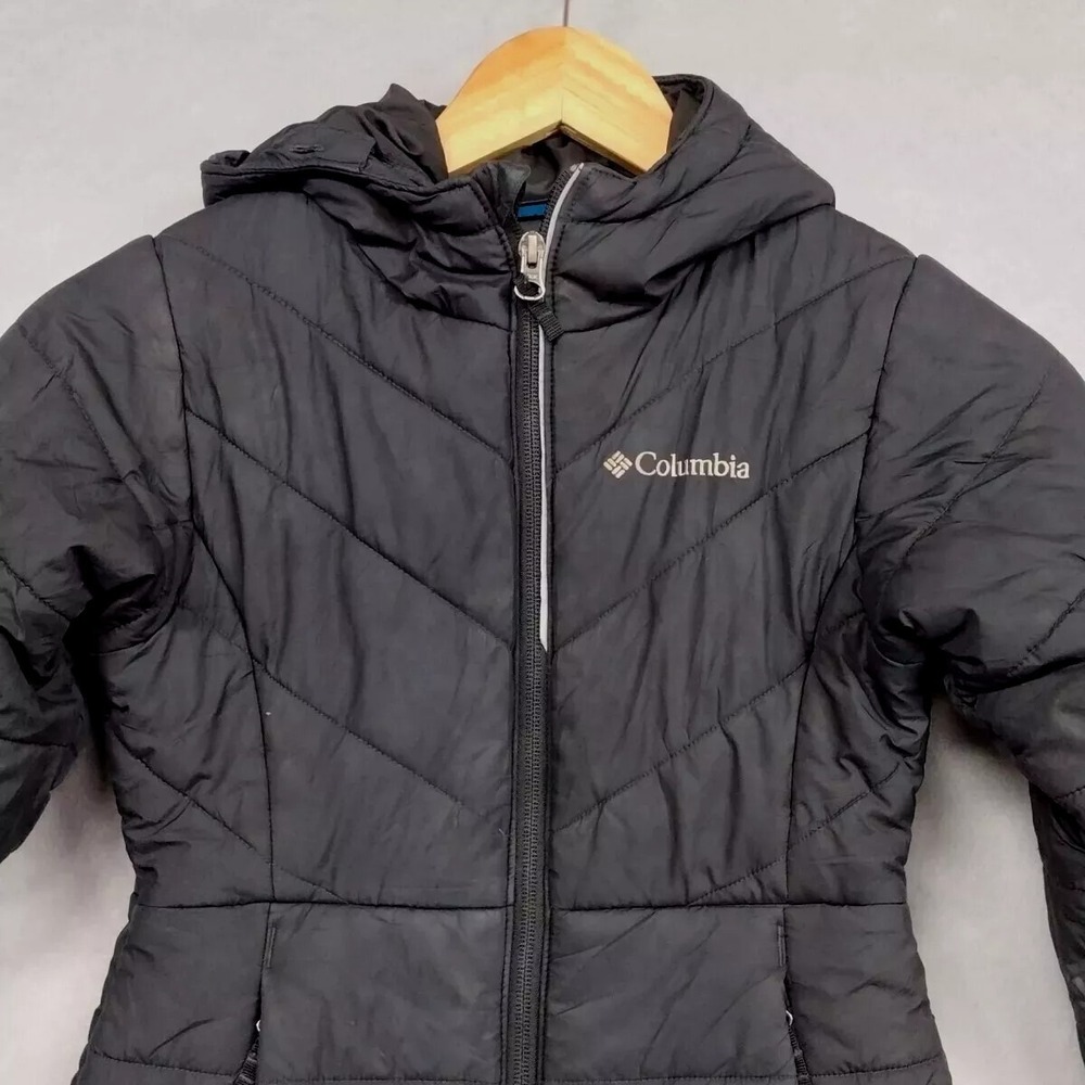 Columbia Coat Jacket 6 6X Youth Hooded Zip Up Puffer Zip Pockets Black Insulated